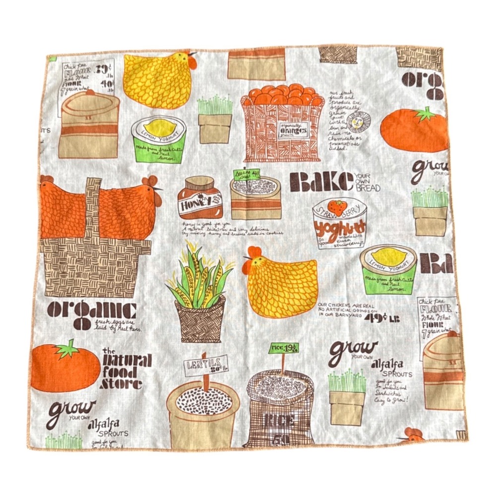 Vintage 1970s Natural Food Store Novelty Print Kitchen Tea Towel Napkin Organic